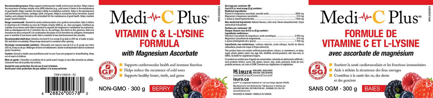 Medi-C - Vitamin C & L-Lysine with Magnesium Ascorbat (Berry - 300 gr) SAVE - Short Dated (01-2026)