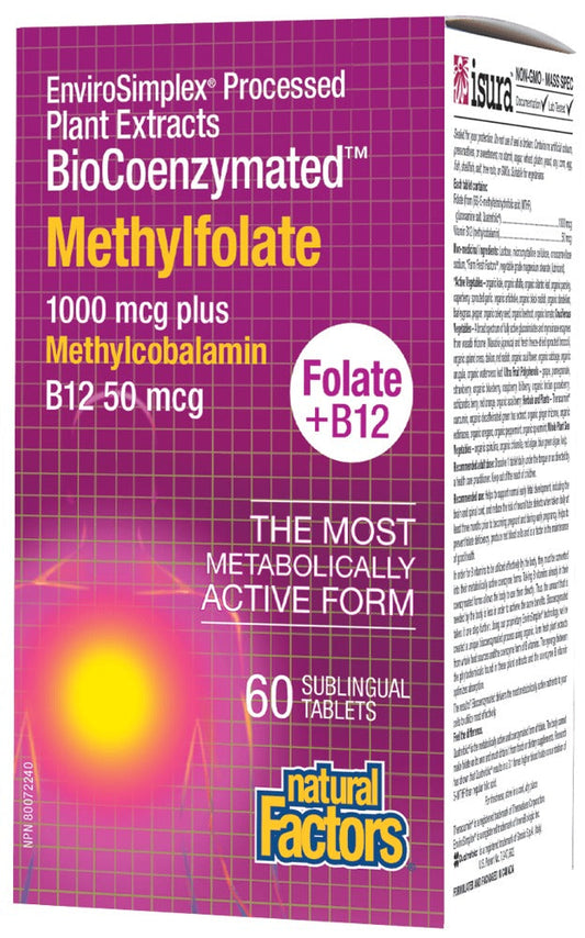 NATURAL FACTORS BioCoenzymated Methylfolate • Folate + B12 (1000 mcg/50 mcg - 60 sub tabs)