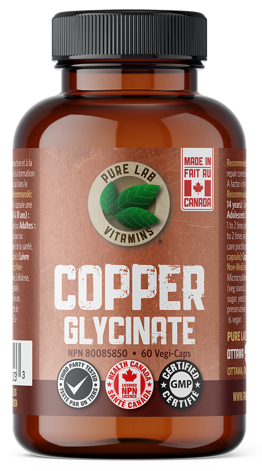 Brown supplement bottle labeled 'Copper Glycinate' with a black lid on a white background